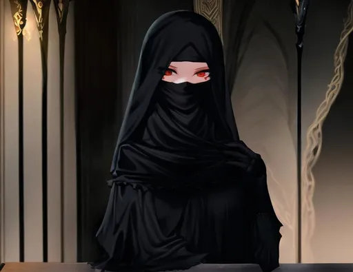 Prompt: high detail, hair covered with a black silk niqab lighting soft skin, lighting soft skin, detailed eyes, realsitic art, body shot, looking at camera, beautiful , perfect details, 