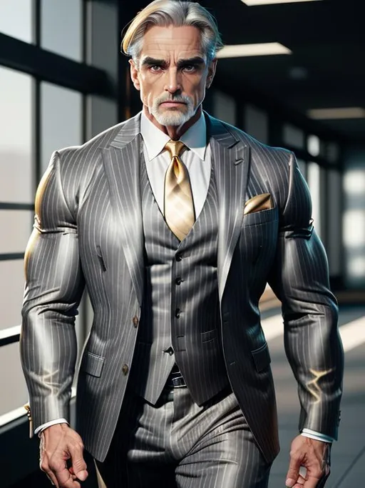 Prompt: perfect composition, {50 year old}, extremely muscular {Jeremy Irons} as a bodybuilder, wearing {grey pinstriped three piece suit}, {golden blonde hair}, extra masculine, peak fitness, asymmetric scars, determined expression, 8k eyes, detailed face, wlop, stanley artgerm lau, artstation, hd, octane render, hyperrealism intricate details, 8k, cinematic volumetric light, proportional, art trending on artstation, sharp focus, studio photo, intricate details, highly detailed, intricate artwork masterpiece, ominous, intricate, epic, trending on artstation, highly detailed, vibrant, production cinematic character render, ultra high quality model, 