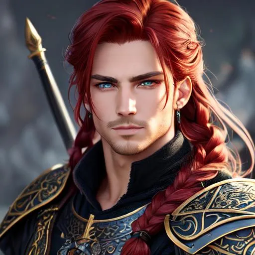 Prompt: oil painting, fantasy, a dashing human male, perfect rugged face sporting slight stubble with red hair in braids, and with vibrant hazel eyes and a slight grin | Warrior wearing intricate leather armor, wielding a rapier #3238, UHD, hd , 8k eyes, detailed face, big anime dreamy eyes, 8k eyes, intricate details, insanely detailed, masterpiece, cinematic lighting, 8k, complementary colors, golden ratio, octane render, volumetric lighting, unreal 5, artwork, concept art, cover, top model, light on hair colorful glamourous hyperdetailed medieval city background, intricate hyperdetailed breathtaking colorful glamorous scenic view landscape, ultra-fine details, hyper-focused, deep colors, dramatic lighting, ambient lighting god rays, flowers, garden | by sakimi chan, artgerm, wlop, pixiv, tumblr, instagram, deviantart