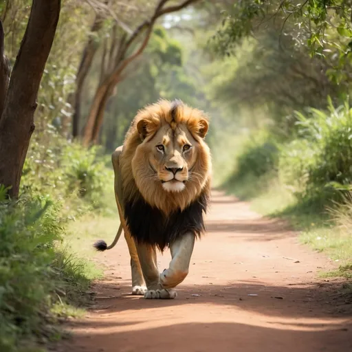 Prompt: A lion strolling in the foredt