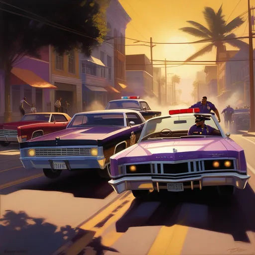 Prompt: Saints Row 2, car chase, cops, cartoony, sunny atmosphere, extremely detailed painting by Greg Rutkowski and by Henry Justice Ford and by Steve Henderson