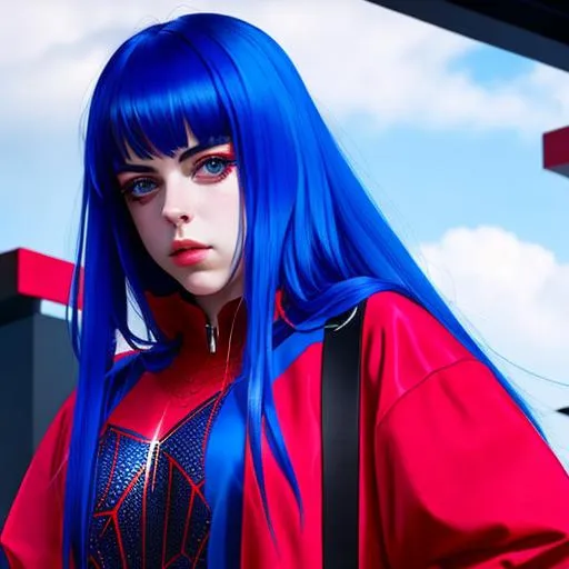 Prompt: Billie Eilish wearing a red and blue spider woman costume