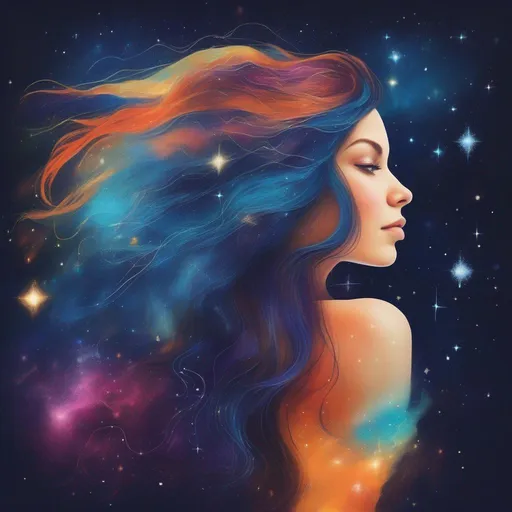 Prompt: A beautiful, mysterious and vibrantly colourful woman with magical hair themed after constellations in a painted profile picture