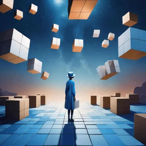 Prompt: surreal scene with a person standing on square tiles, wearing a hat and blue shirt, holding boxes, with floating cubes in a dreamlike atmosphere with stars in the background