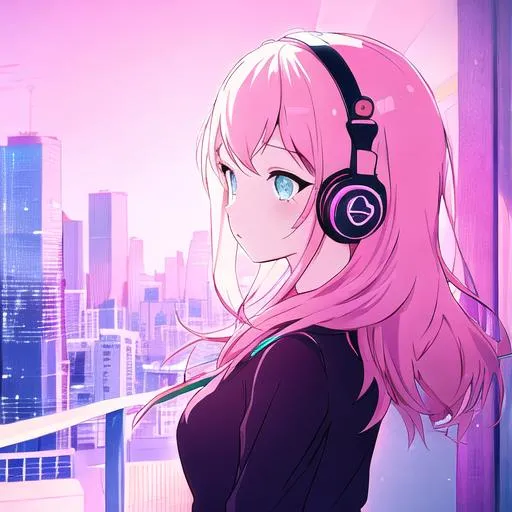 girl wearing headphones, city background, very anime...