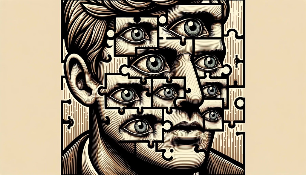 Prompt: Wide digital illustration showcasing a man with numerous eyes, each eye gazing from a distinct window. The design is reminiscent of jigsaw puzzle pieces. The artistic style leans towards appropriated images with realist detail, using a light bronze and black palette. Elements of fragmented advertising are evident throughout.