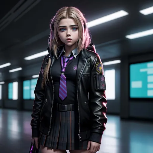 Prompt: Cyberpunk, Young Chloë Grace Moretz, school girl uniform, raw photo, photorealistic, High Detail, dramatic, UHD, HDR raw photo, realistic, sharp focus, 8K high definition, insanely detailed, intricate, high quality, 