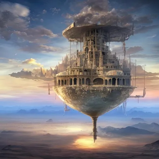 Prompt: floating prison in the sky over a desert. fantasy world