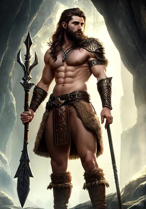 Prompt: UHD, , 8k, high quality, poster art, (( Aleksi Briclot art style)), hyper realism, Very detailed, full body view of a young aged mythical half elf whom is a muscular druid, hairy chest and beard, scars on skin, leather armor, holding a staff. mythical, ultra high resolution, light and shading in 8k, ultra defined. 