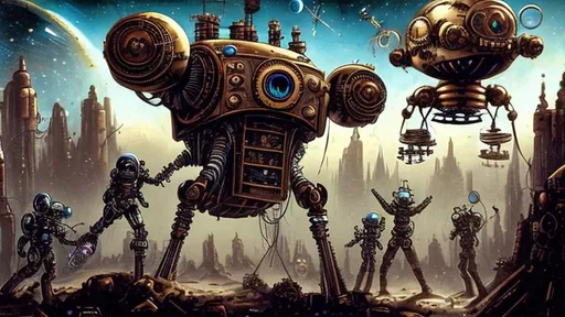 Prompt: steampunk robots versus aliens in space