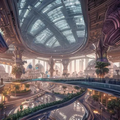 Prompt: futuristic busy enormous domed city, interior, tourist shopping neighborhood, multiple levels, transit arrivals, rainbow starburst glass roof, art nouveau, realistic details, photorealistic, 8k render, cinematic lighting, ultra detailed