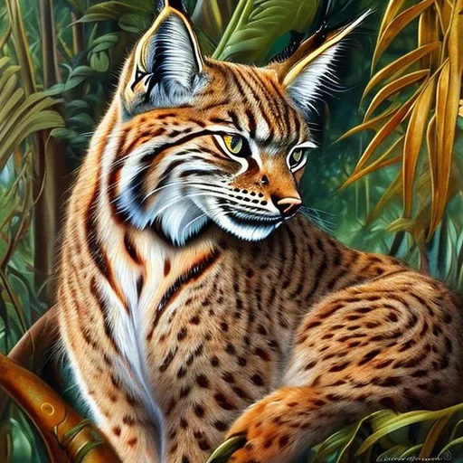 Prompt: beautiful lynx wearing a golden collar with crystals, in a jungle, style of Julie Bell