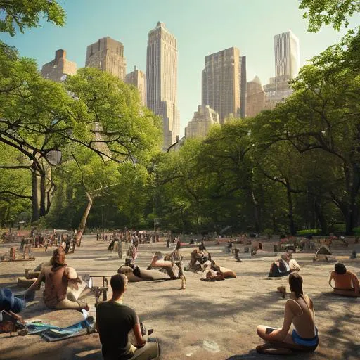 Prompt: Sitting in central park with the buildings in the background humans living and enjoying the nature abstract art everything melting and offset, odd, 