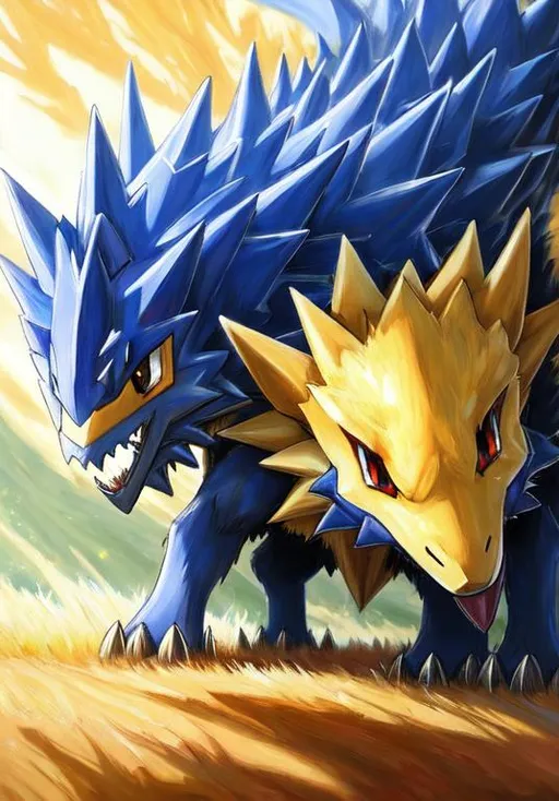 Prompt: UHD, , 8k,  oil painting, Anime,  Very detailed, zoomed out view of character, HD, High Quality, Anime, , Pokemon, Sandslash is a medium bipedal, ground-dwelling pholidote Pokémon. Although Sandslash is usually bipedal, it can run on all fours. Most of its underside is light yellow with a white underbelly. It has a narrow muzzle, almond-shaped blue eyes, and a thick tail. Its back is mostly covered in sharp, brown quills formed from its tough, dry hide. It has two large claws on its paws and feet. These claws are its primary weapons and are used for slashing, but can also be used for burrowing. Its claws and spikes can both break off, but they grow back quickly and are shed regularly. Sandslash's broken parts can be used to carve plows for tilling farm fields. The claws can become harder and smoother if it lives in drier areas.

Sandslash can curl into a large ball, which allows it to roll to attack or escape, protect itself from heatstroke, and guard its belly. Sandslash is also adept at climbing trees and is prone to ambush its enemies from above. It also climbs trees to rest during the night, and to slash Berries to feed the Sandshrew waiting below. Sandslash can mostly be found in deserts.
Pokémon by Frank Frazetta