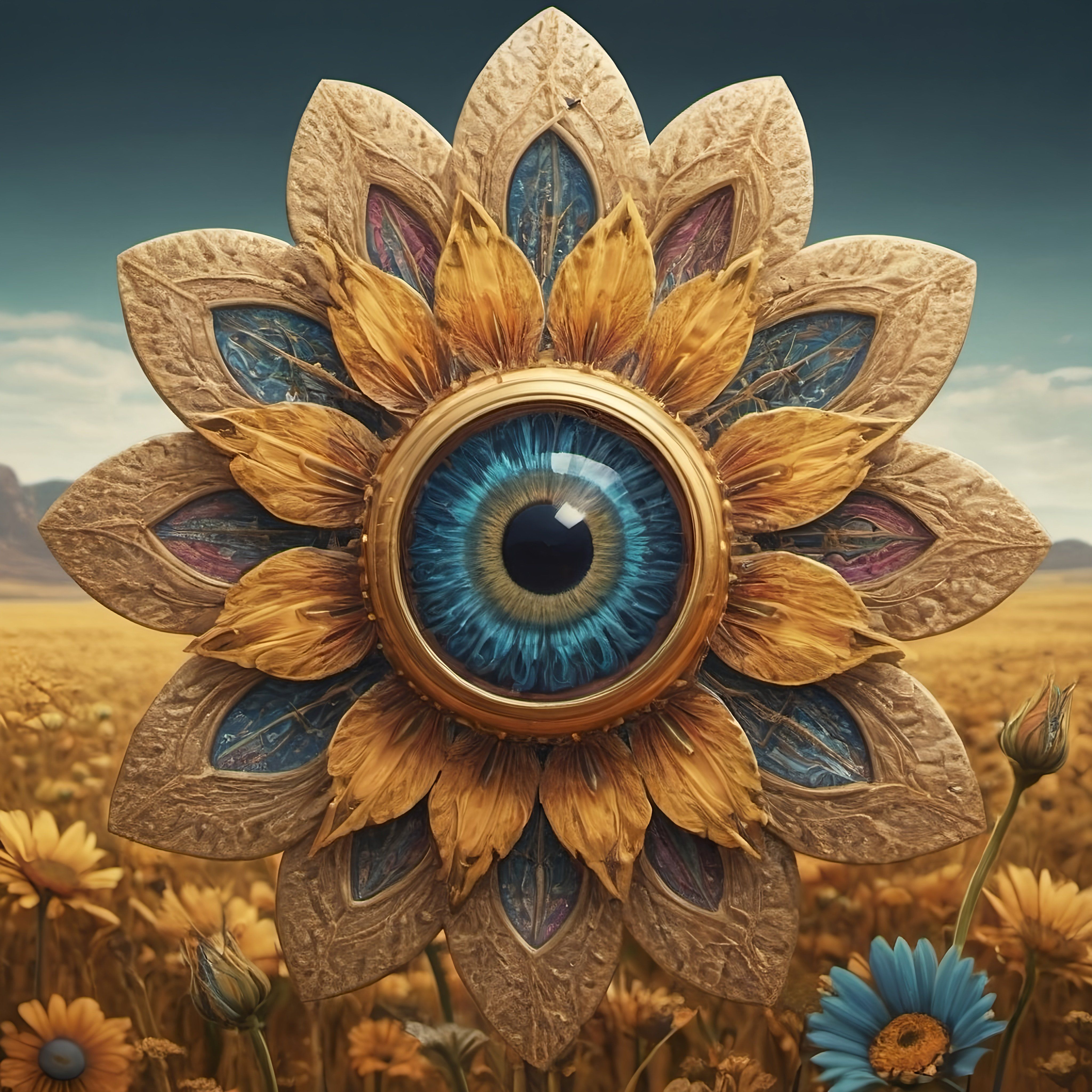 Prompt: a sunflower eye, pop surrealism, surreal photography, a surrealist sculpture