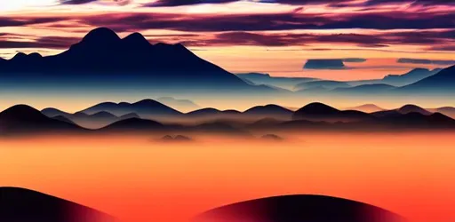 Prompt: Multiple layers of silhouette of islands, with silhouette of mountains, sharp edges, at sunset, with heavy fog in air, vector style, horizon silhouette Landscape wallpaper