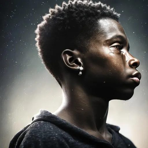 Prompt: a realistic portrait of a crying beautiful black boy diamond stud earring left ear,HDR,64K,highly detailed, hoplessness looking out of window,liminal space,Studio lighting,
close up, 