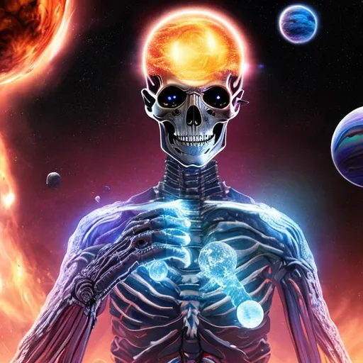 Prompt: galaxy skeleton with growing orb on hand in glowing orb there is Jeff Goldblum, space ships attacking skeleton