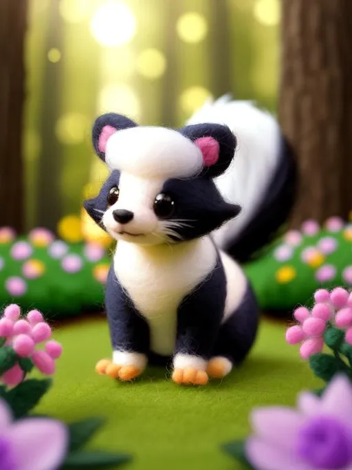 Prompt: Disney Pixar style needle felted cute skunk, highly detailed, fluffy, intricate, big eyes, adorable, beautiful, soft dramatic lighting, light shafts, radiant, ultra high quality octane render, daytime forest background, field of flowers, bokeh, hypermaximalist