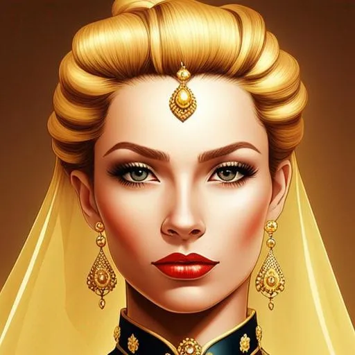 Prompt: Queen bee-A beautiful woman with golden hair arrainged in a top knot behind a gold tiara. Amber colored eyes, gown in colors of yellow and black, facial closeup