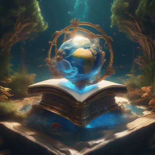 Prompt: Magic floating open grimoire showing earth, nature and ocean elements, a breathtaking epic masterpiece artwork. maximalist highly detailed and intricate professional photography, a_masterpiece, 8k resolution concept_art, Artstation, triadic colors, Unreal Engine