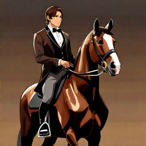 Prompt: Caleb  as a demon horse hybrid (brown hair) (brown eyes) wearing a tuxedo, full body, riding a horse