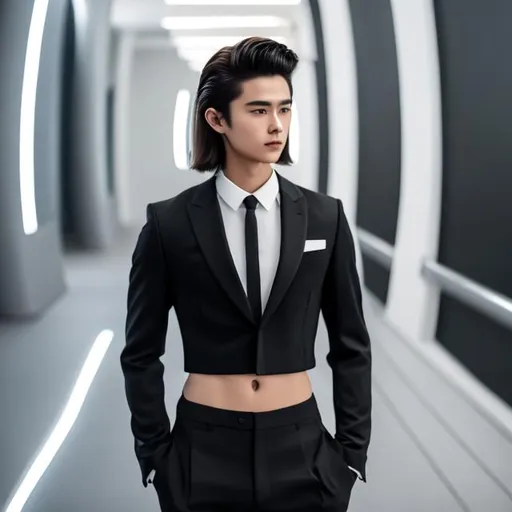 Prompt: crop top black long sleeve business suit with a black necktie, bare midriff, bare navel, 20-years old, male, man, grateful, long mullet hair, six pack abs, right hand on hips, he pokes his belly button with his left hand, outside, shining light, photo, 4k, hdr, vibrant, studio camera,