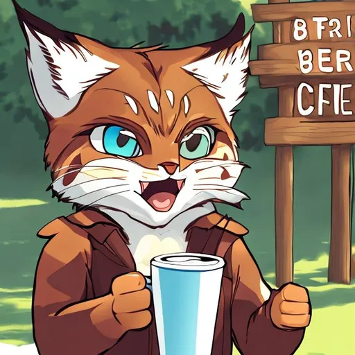 Prompt: anime bobcat holding coffee