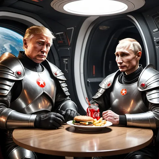 Prompt: one Trump and one russian Putin, they are in medieval armors, they take dinner together in a Spaceship, there are hamburgers and Coca-Cola on their table, 