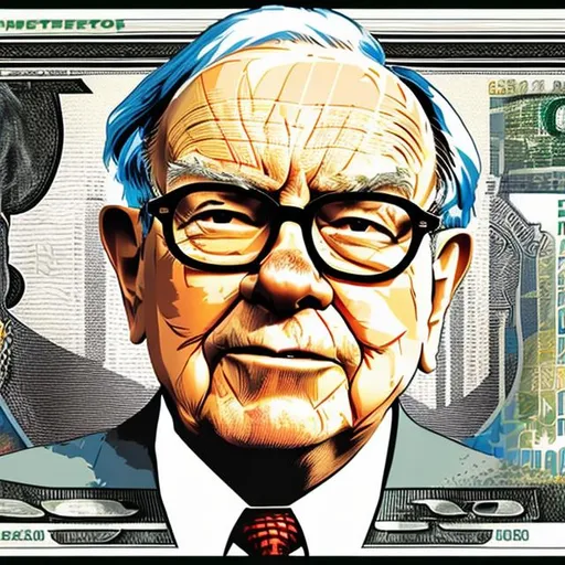 Prompt: color photo of Warren Buffett in vector art style, enhanced with a textured dollar bill overlay. The vector art portrays Warren Buffett with sharp, defined lines and bold colors, capturing his intelligence and business acumen. The addition of the dollar bill texture overlay adds depth and symbolism to the artwork. The texture of the dollar bill subtly shines through, creating a tactile and visually intriguing effect. The colors used in the vector art are a mix of deep greens and vibrant golds, representing wealth and prosperity. The background features a faint pattern of dollar signs, further emphasizing the financial theme. This unique combination of vector art and dollar bill texture creates an eye-catching and distinctive portrayal of Warren Buffett, highlighting his success and influence in the world of finance. —c 10 —ar 2:3