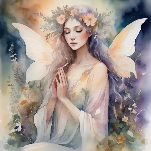 Prompt: (watercolor style), (Faerie Goddess of Peace and Tranquility), ethereal garden filled with ghost flowers, warm color scheme, soft and dreamy light, delicate floral details, serene atmosphere, gentle wisps of mist, harmonious floral arrangements, tranquil emotions radiating, enchanting background with lush greenery, enchanting accents, high quality, ultra-detailed, magical aura surrounding the scene.