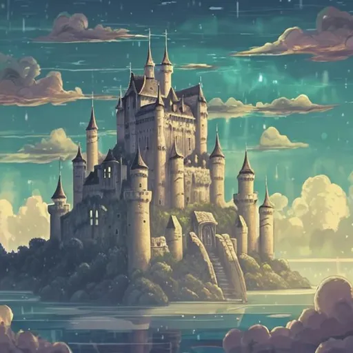 Prompt: A castle floating in the sky with nothing under it with a dream like texture. lofi anime style