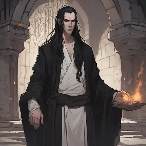 Prompt: dnd a handsome man with pale white skin and long black hair in a man bun wearing black robes in a dark crypt 