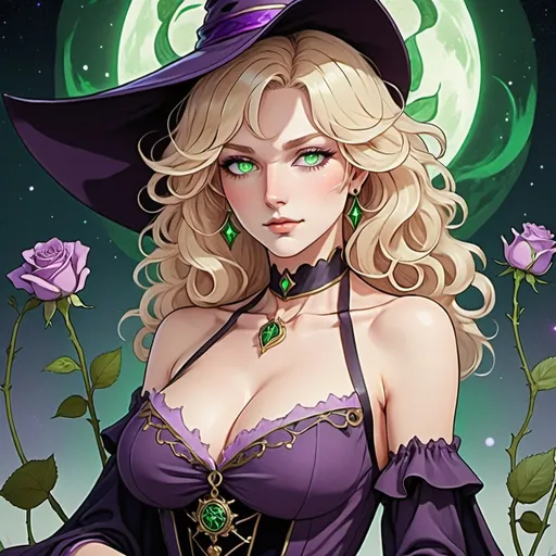Prompt: tarot card Anime illustration, a mature blonde with 
wavy hair, called 'purple rose witch', with green eyes, pale complection sizeable decolletage and gentle yet flirty face, her name is Lisa