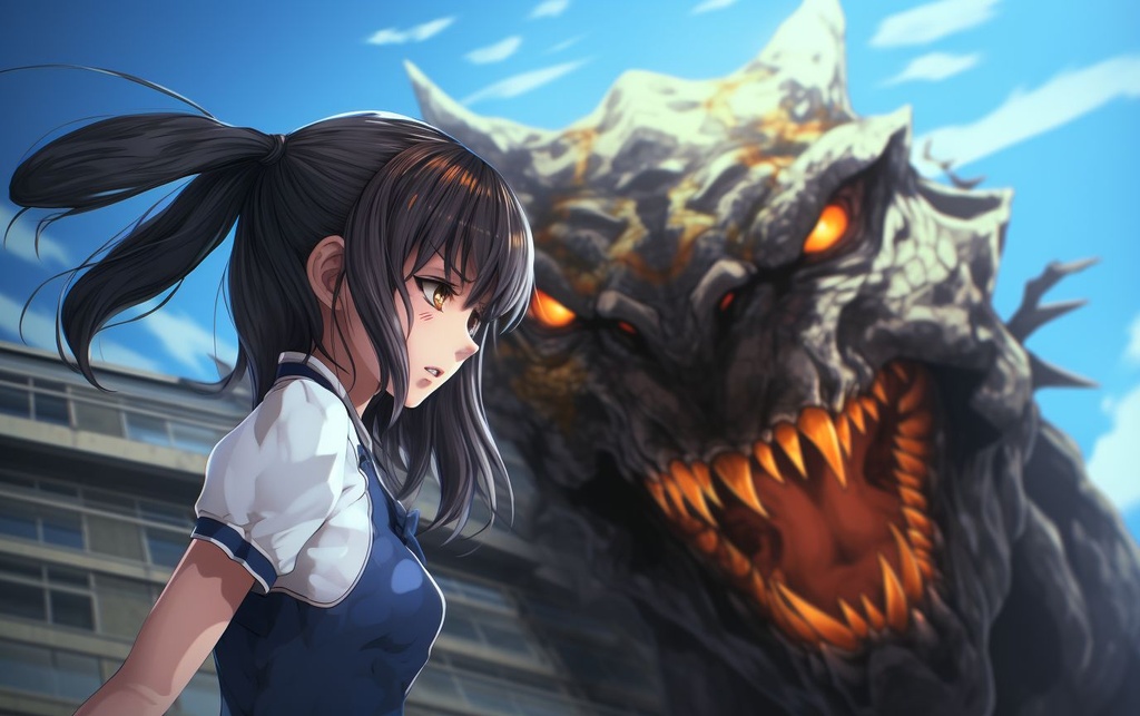 Prompt: an anime girl standing on the ground next to a wailing devil, in the style of horror academia, navy and amber, raw, confrontational figures, dinocore, close-up shots, uniformly staged images, quadratura