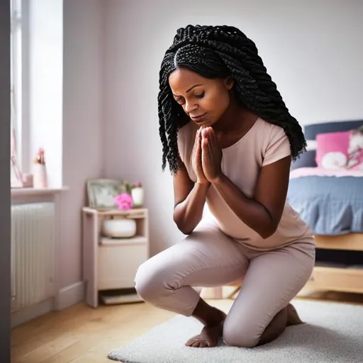 Prompt: Black woman in her 50s praying on her knees with plaits in her bedroom 