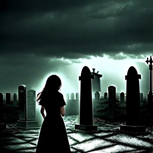 Prompt: A teenage girl in a graveyard, crying, dark rainy skies, in the limbo, Silent Hill inspired.