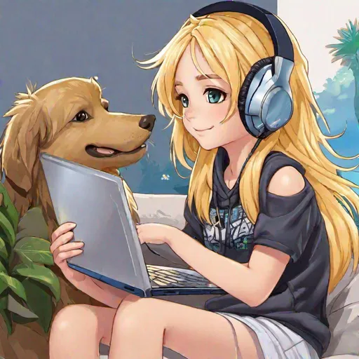 Prompt: !A tomboy who likes technology and animals. She has long blonde hair and brown eyes. She wears a headset, a hoodie, a T-shirt, shorts and sneakers. She has a laptop in one hand and a dog in the other. She smiles brightly and looks geeky.^)