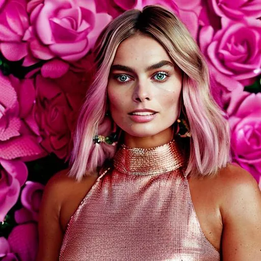 Prompt: High quality picture of Margot Robbie wearing a high detailed inspired pink Barbie Dolce&Gabbana outfit in a Barbie world background
