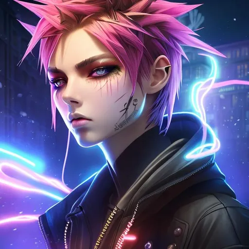 Prompt: neon punk male. mysterious man. insanely beautiful. perfect anatomy. symmetrically perfect face. amber eyes. hyper realistic. super detailed. soft colours. no extra limbs or hands or fingers or legs or arms. standing on the street. pale skin. smooth texture. realism. smoke effects. full body. 