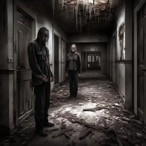 Prompt: A couple of scary maniac killers, standing in the hallway, old abandoned building, realistic art