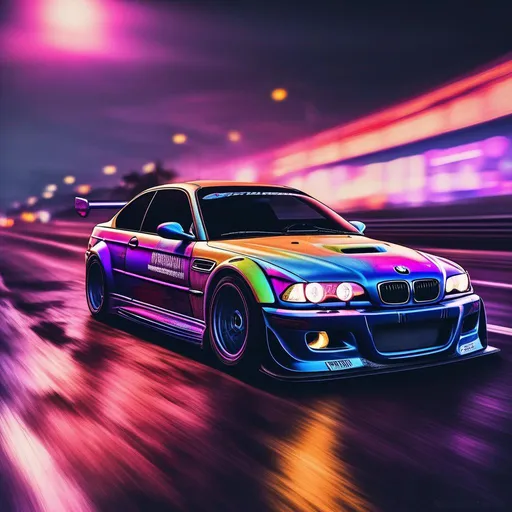 Prompt: 2001 BMW M3 E46 GTR, synthwave, aesthetic cyberpunk, miami, highway, dusk, neon lights, coastal highway, dusk, neon lights, coastal highway, sunset, drift, nurburgring, water on the road, blade runner, 8k, watercolor, macro sharp focus, 8, hyper realistic, cinematic, highly detailed, photoraelistic, clean