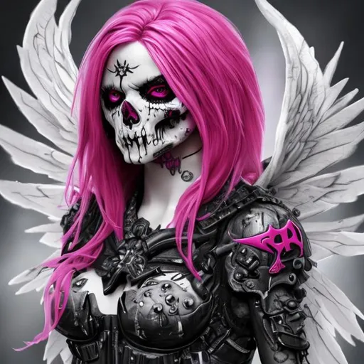 Prompt: Detailed female angel of death with black eyes and pink hair 