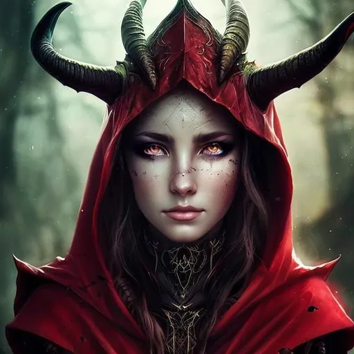 Prompt: portrait, fantasy, painting, beautiful, woman, goat horns, red hood, sorceress, scaley skin, red eyes