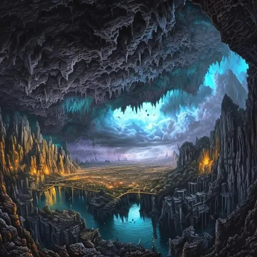 Prompt: professional oil-painting of {a underground cave city, bats}, perfect viewpoint, highly detailed, drone photo, wide-angle lens, hyper realistic, with dramatic sky, surreal, dark, color splash, vivid colors, everything in sharp focus, HDR, UHD, 64K