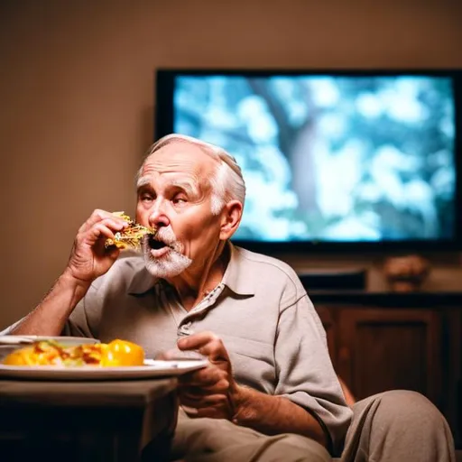 Prompt: old man watching tv while eating dinner