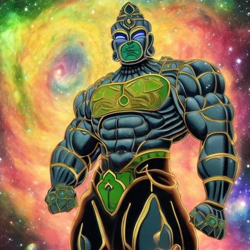 Prompt: peridot armored bodybuilding buddha, widescreen, infinity vanishing point, spiral galaxy nebula background
