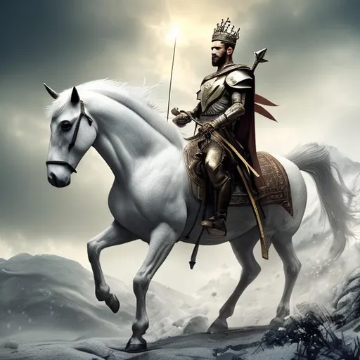 Prompt: A 33 year old man with a bow and a crown on a white horse. He went out to conquering and to conquer. photorealistic.