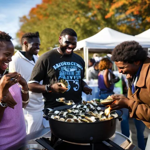 Prompt: Happy young 
black People eating oysters at an oyster festival in the fall with a grill master who is grilling oysters in the background with clear faces
