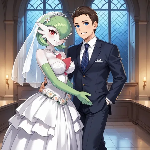 Prompt: Gardevoir smiling wearing a wedding dress next to her human male husband.